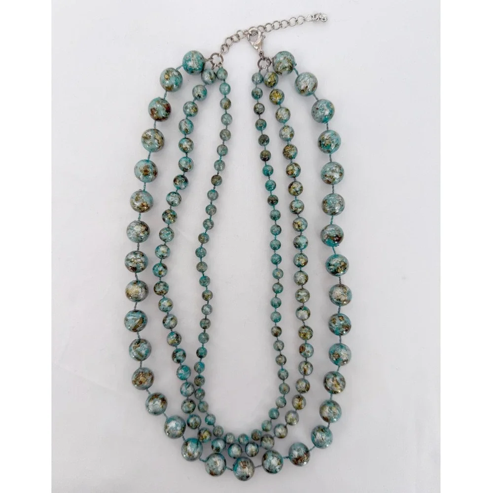 Teal Blue Gold Mottled Triple Strand Beaded Statement Necklace Graduated Layered